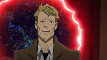 Movie still from “DC Showcase: Constantine - The House of Mystery” (2022), directed by Matt Peters – An animated picture of a man in a brown suit; Close Up shot, Over the shoulder angle