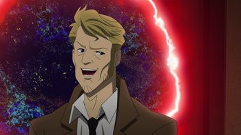 Movie still from “DC Showcase: Constantine - The House of Mystery” (2022), directed by Matt Peters – An animated picture of a man in a brown jacket; Close Up shot, Over the shoulder angle