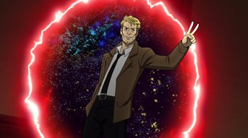 Movie still from “DC Showcase: Constantine - The House of Mystery” (2022), directed by Matt Peters – A man in a brown jacket and a black tie; Medium shot, Low angle