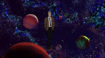 Movie still from “DC Showcase: Constantine - The House of Mystery” (2022), directed by Matt Peters – A man in a suit standing in front of planets; Wide shot, Low angle