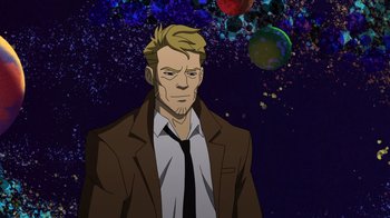 Movie still from “DC Showcase: Constantine - The House of Mystery” (2022), directed by Matt Peters – A man in a suit and tie standing in front of a space background; Medium shot, High angle