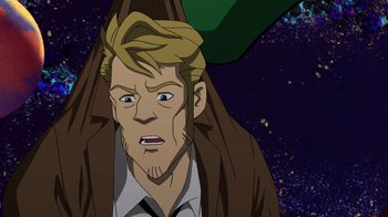 Movie still from “DC Showcase: Constantine - The House of Mystery” (2022), directed by Matt Peters – A man with blond hair and a green hat; Close Up shot, High angle
