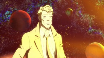 Movie still from “DC Showcase: Constantine - The House of Mystery” (2022), directed by Matt Peters – A man in a yellow jacket standing in front of a space background; Medium shot, High angle
