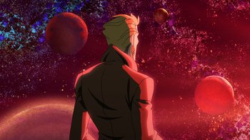 Movie still from “DC Showcase: Constantine - The House of Mystery” (2022), directed by Matt Peters – A man standing in front of some planets; Wide shot, Over the shoulder angle