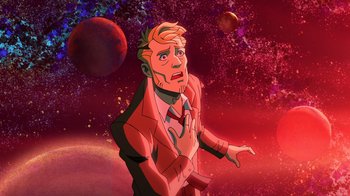 Movie still from “DC Showcase: Constantine - The House of Mystery” (2022), directed by Matt Peters – An animated man in a red suit is looking at the camera; Medium shot, High angle