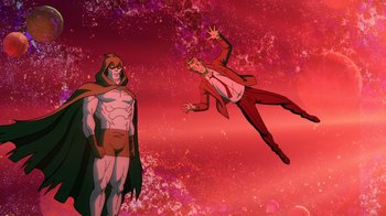 Movie still from “DC Showcase: Constantine - The House of Mystery” (2022), directed by Matt Peters – A man flying in the air next to another man; Wide shot, Low angle