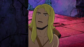 Movie still from “DC Showcase: Constantine - The House of Mystery” (2022), directed by Matt Peters – A man with long blonde hair is looking at the camera; Medium shot, Over the shoulder angle