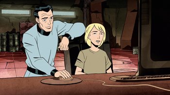 Movie still from “DC Showcase: Constantine - The House of Mystery” (2022), directed by Matt Peters – A man and a woman sitting at a dinner table; Medium shot, High angle