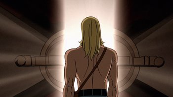Movie still from “DC Showcase: Constantine - The House of Mystery” (2022), directed by Matt Peters – A man with long blond hair is standing in front of a light; Medium shot, Low angle