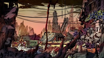 Movie still from “DC Showcase: Constantine - The House of Mystery” (2022), directed by Matt Peters – An artistic rendering of an abandoned city; Extreme Wide shot, High angle