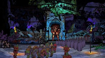 Movie still from “DC Showcase: Constantine - The House of Mystery” (2022), directed by Matt Peters – An image of a group of people playing a video game; Extreme Wide shot, High angle