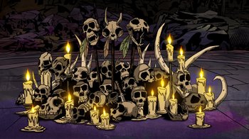 Movie still from “DC Showcase: Constantine - The House of Mystery” (2022), directed by Matt Peters – A lot of skulls on the table; Wide shot, High angle
