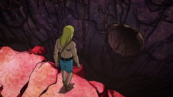 Movie still from “DC Showcase: Constantine - The House of Mystery” (2022), directed by Matt Peters – An animated scene of a man in a cave; Wide shot, Overhead angle