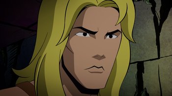 Movie still from “DC Showcase: Constantine - The House of Mystery” (2022), directed by Matt Peters – A person with long hair; Close Up shot, Over the shoulder angle