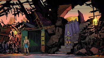 Movie still from “DC Showcase: Constantine - The House of Mystery” (2022), directed by Matt Peters – An animated scene of a man and a woman in a cave; Extreme Wide shot, Low angle