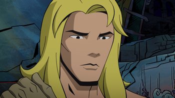 Movie still from “DC Showcase: Constantine - The House of Mystery” (2022), directed by Matt Peters – A person with long blonde hair; Close Up shot, Over the shoulder angle