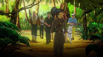 Movie still from “DC Showcase: Constantine - The House of Mystery” (2022), directed by Matt Peters – A group of people standing in the woods with a dog; Wide shot, High angle