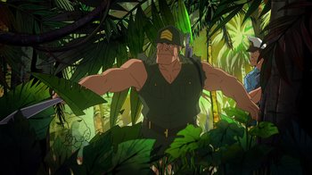 Movie still from “DC Showcase: Constantine - The House of Mystery” (2022), directed by Matt Peters – An image of an animated character in the jungle; Medium shot, Low angle