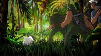 Movie still from “DC Showcase: Constantine - The House of Mystery” (2022), directed by Matt Peters – A couple of people in the woods with a gun; Wide shot, High angle