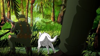 Movie still from “DC Showcase: Constantine - The House of Mystery” (2022), directed by Matt Peters – A white dog standing in the middle of a forest; Wide shot, Over the shoulder angle