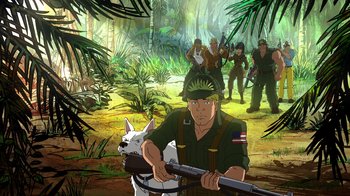Movie still from “DC Showcase: Constantine - The House of Mystery” (2022), directed by Matt Peters – An image of a man and a dog in the jungle; Wide shot, High angle