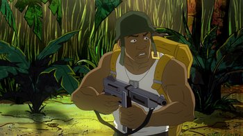 Movie still from “DC Showcase: Constantine - The House of Mystery” (2022), directed by Matt Peters – An animated man with a gun in his hands; Medium shot, High angle