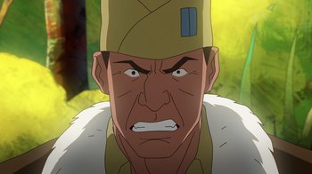 Movie still from “DC Showcase: Constantine - The House of Mystery” (2022), directed by Matt Peters – An animated man wearing a yellow hat and a white jacket; Close Up shot, High angle