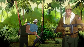 Movie still from “DC Showcase: Constantine - The House of Mystery” (2022), directed by Matt Peters – A group of people standing in the woods holding guns; Wide shot, Over the shoulder angle