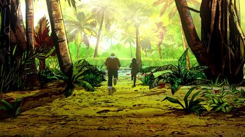 Movie still from “DC Showcase: Constantine - The House of Mystery” (2022), directed by Matt Peters – A couple of people walking down a dirt path; Extreme Wide shot, High angle