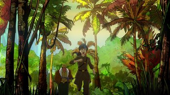 Movie still from “DC Showcase: Constantine - The House of Mystery” (2022), directed by Matt Peters – An illustration of a man and woman in the jungle; Wide shot, High angle