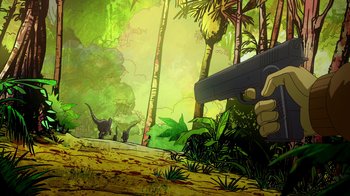 Movie still from “DC Showcase: Constantine - The House of Mystery” (2022), directed by Matt Peters – An image of a gun in the jungle; Wide shot, Low angle