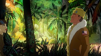 Movie still from “DC Showcase: Constantine - The House of Mystery” (2022), directed by Matt Peters – An animated scene of a man standing in the woods; Wide shot, Low angle