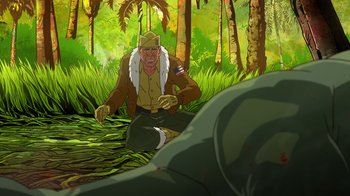 Movie still from “DC Showcase: Constantine - The House of Mystery” (2022), directed by Matt Peters – An illustration of an old man in the woods; Wide shot, High angle