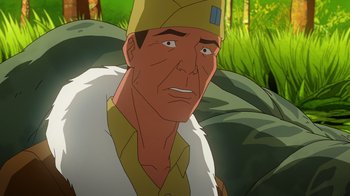 Movie still from “DC Showcase: Constantine - The House of Mystery” (2022), directed by Matt Peters – An animated man wearing a yellow hat and a white shirt; Close Up shot, Low angle