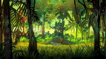 Movie still from “DC Showcase: Constantine - The House of Mystery” (2022), directed by Matt Peters – An illustration of a man standing on a hill in the woods; Extreme Wide shot, High angle