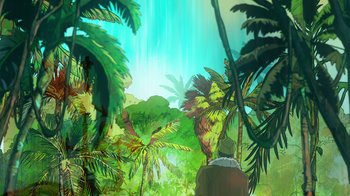 Movie still from “DC Showcase: Constantine - The House of Mystery” (2022), directed by Matt Peters – An illustration of a jungle with a person looking at the sky; Extreme Wide shot, High angle