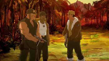 Movie still from “DC Showcase: Constantine - The House of Mystery” (2022), directed by Matt Peters – A group of men standing next to each other in the woods; Wide shot, Over the shoulder angle