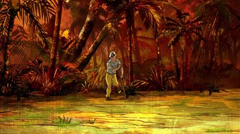 Movie still from “DC Showcase: Constantine - The House of Mystery” (2022), directed by Matt Peters – A man standing in front of a forest with trees; Extreme Wide shot, High angle