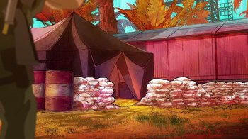 Movie still from “DC Showcase: Constantine - The House of Mystery” (2022), directed by Matt Peters – A painting of a tent and hay bales in a field; Extreme Wide shot, High angle