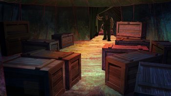 Movie still from “DC Showcase: Constantine - The House of Mystery” (2022), directed by Matt Peters – An artist's rendering of a man standing in front of crates; Extreme Wide shot, High angle