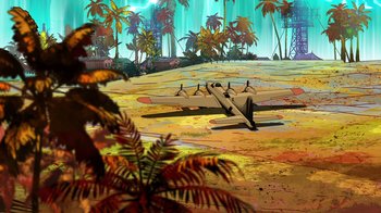 Movie still from “DC Showcase: Constantine - The House of Mystery” (2022), directed by Matt Peters – An airplane sitting on top of a beach next to palm trees; Extreme Wide shot, High angle