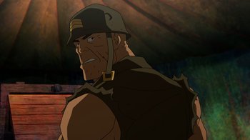 Movie still from “DC Showcase: Constantine - The House of Mystery” (2022), directed by Matt Peters – A man with a helmet on is standing up; Medium shot, Low angle