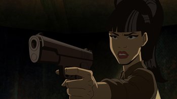 Movie still from “DC Showcase: Constantine - The House of Mystery” (2022), directed by Matt Peters – A woman is holding a gun in her hand; Close Up shot, Over the shoulder angle
