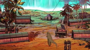Movie still from “DC Showcase: Constantine - The House of Mystery” (2022), directed by Matt Peters – An illustration of an area that looks like a desert with houses and a dinosaur; Extreme Wide shot, High angle