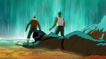 Movie still from “DC Showcase: Constantine - The House of Mystery” (2022), directed by Matt Peters – Two men standing next to each other near a body of water; Wide shot, Low angle