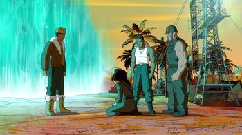 Movie still from “DC Showcase: Constantine - The House of Mystery” (2022), directed by Matt Peters – A group of men standing around a woman in the desert; Wide shot, High angle