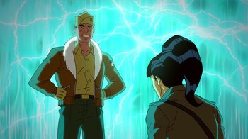 Movie still from “DC Showcase: Constantine - The House of Mystery” (2022), directed by Matt Peters – A man and a woman are standing next to each other in front of an electric background; Medium shot, Over the shoulder angle