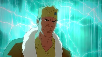 Movie still from “DC Showcase: Constantine - The House of Mystery” (2022), directed by Matt Peters – An old man with a yellow hat and a fur coat; Close Up shot, Low angle