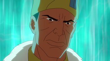 Movie still from “DC Showcase: Constantine - The House of Mystery” (2022), directed by Matt Peters – An animated picture of a man with a hat on his head; Close Up shot, Low angle