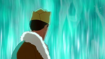 Movie still from “DC Showcase: Constantine - The House of Mystery” (2022), directed by Matt Peters – A man wearing a hat standing in front of a waterfall; Medium shot, High angle